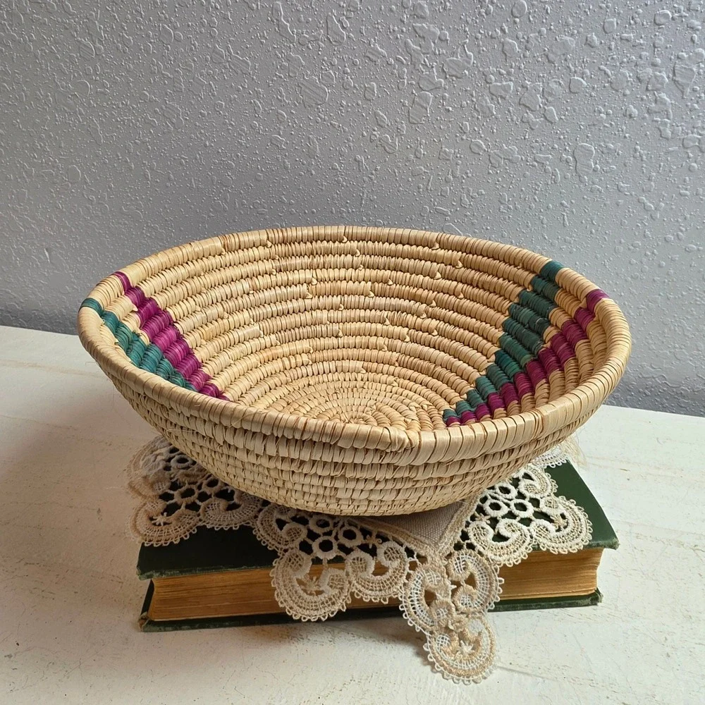 Handcrafted Coil Woven Basket Bowl Southwestern Teal Magenta Geometric Tan